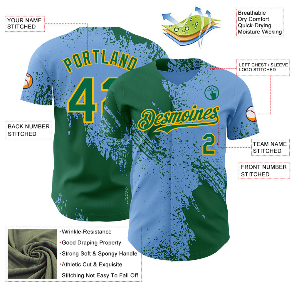 Custom Light Blue Kelly Green-Gold Abstract Brush Stroke Authentic Baseball Jersey