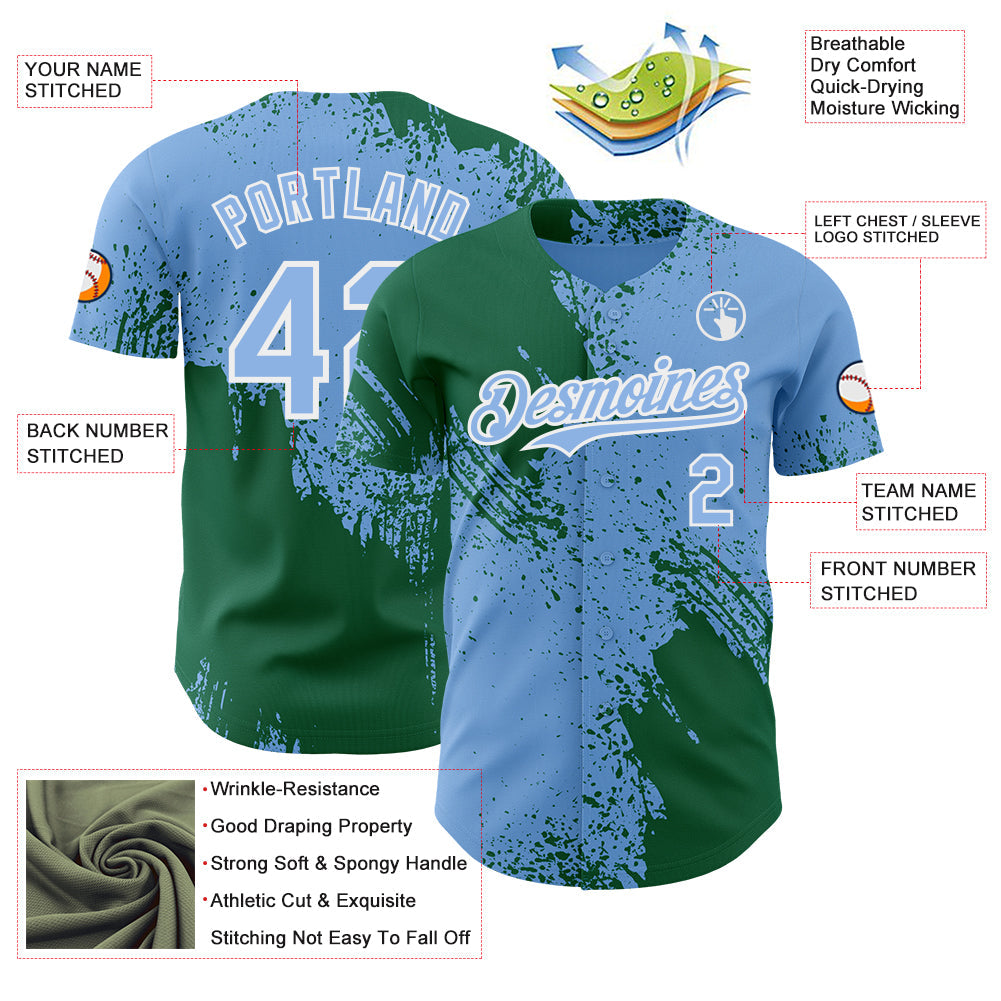 Custom Light Blue Kelly Green-White Abstract Brush Stroke Authentic Baseball Jersey