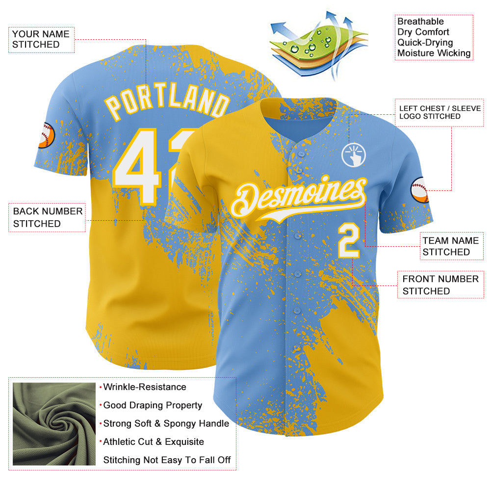 Custom Light Blue White-Yellow Abstract Brush Stroke Authentic Baseball Jersey