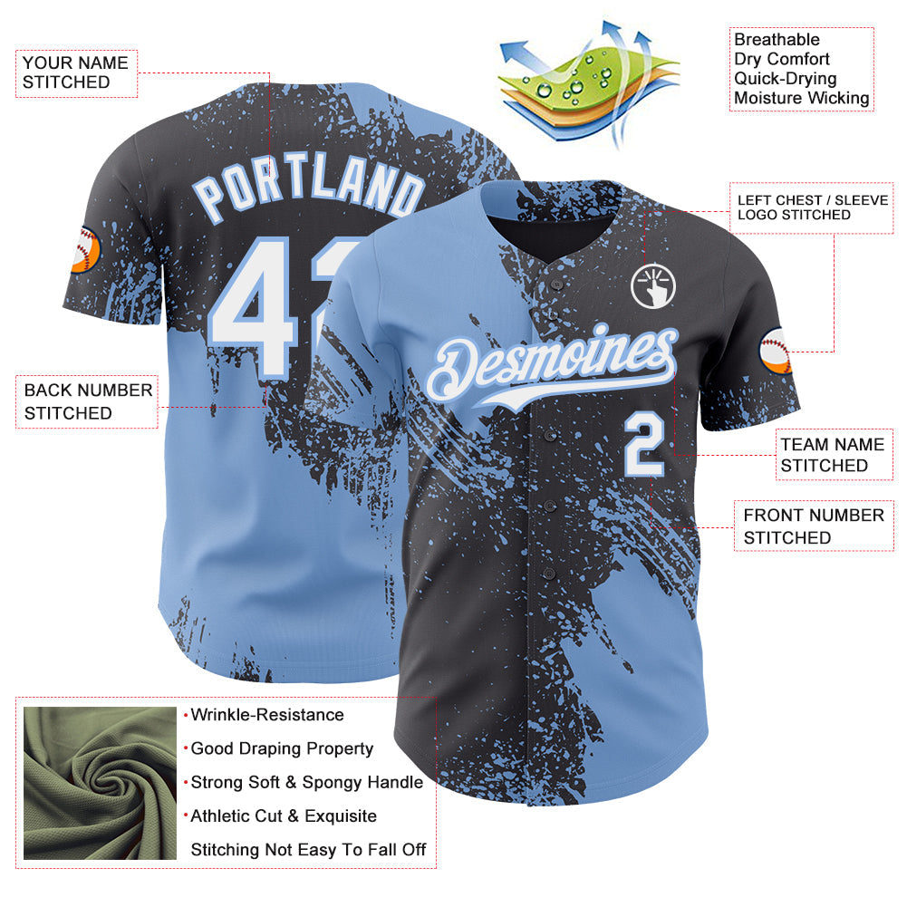 Custom Steel Gray White-Light Blue Abstract Brush Stroke Authentic Baseball Jersey