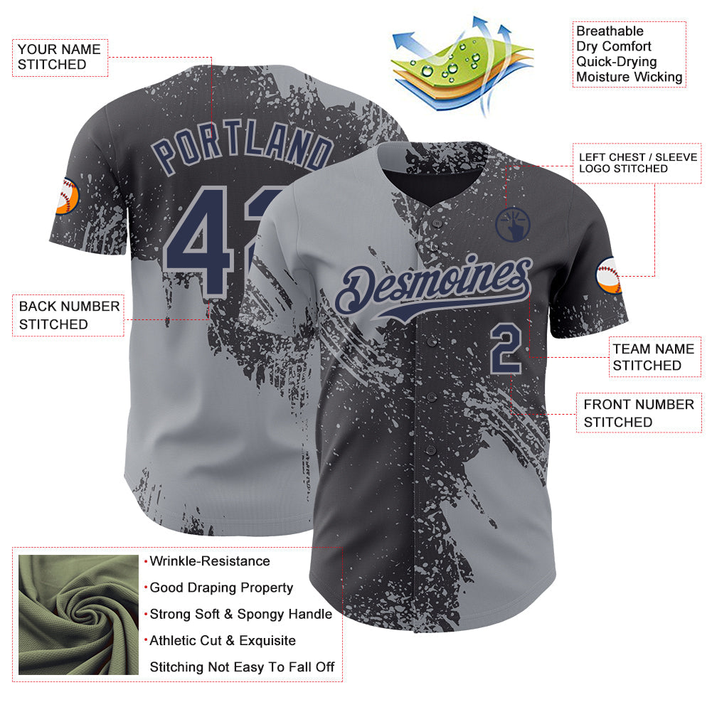 Custom Steel Gray Navy-Gray Abstract Brush Stroke Authentic Baseball Jersey