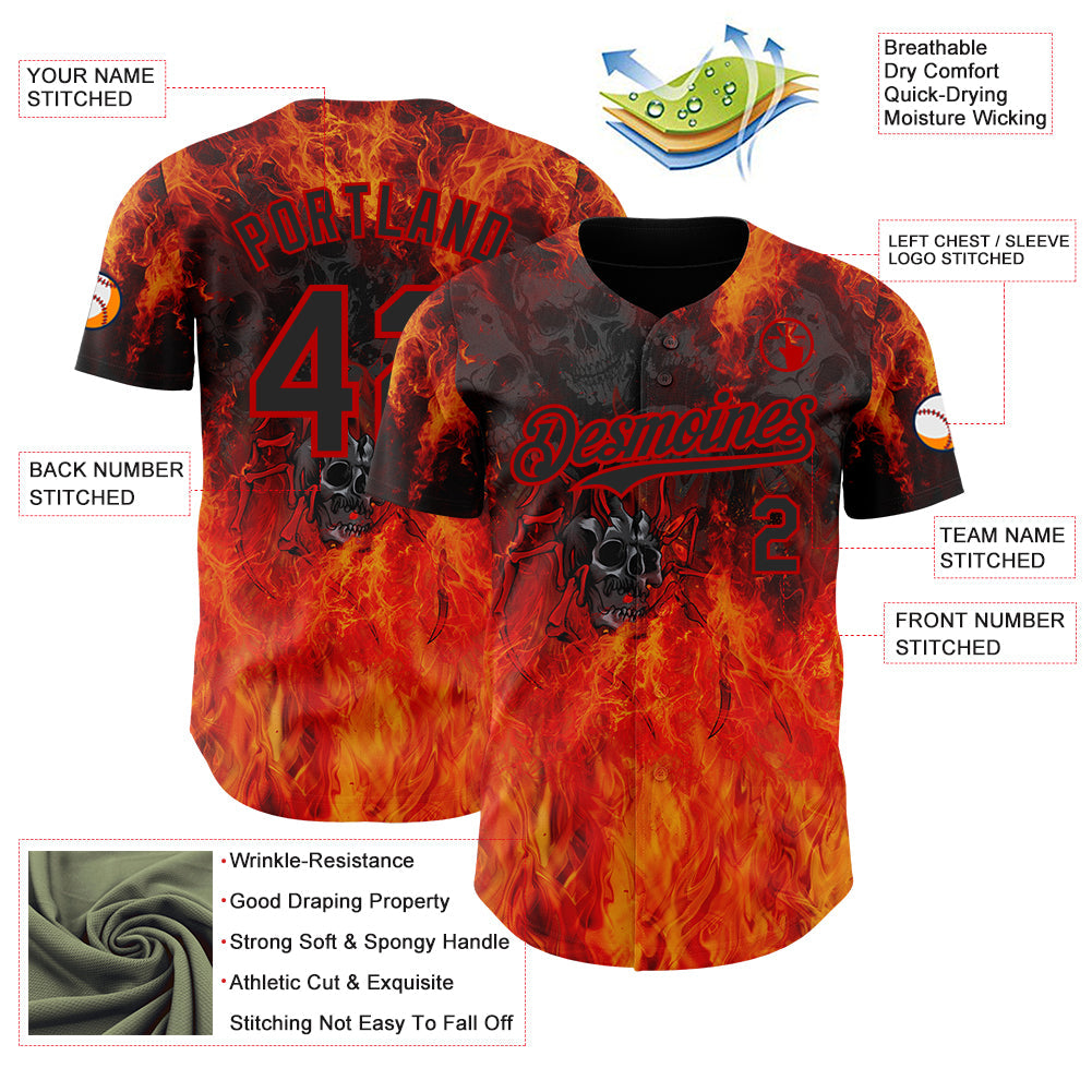 Custom Black-Red Flames Skull Authentic Baseball Jersey