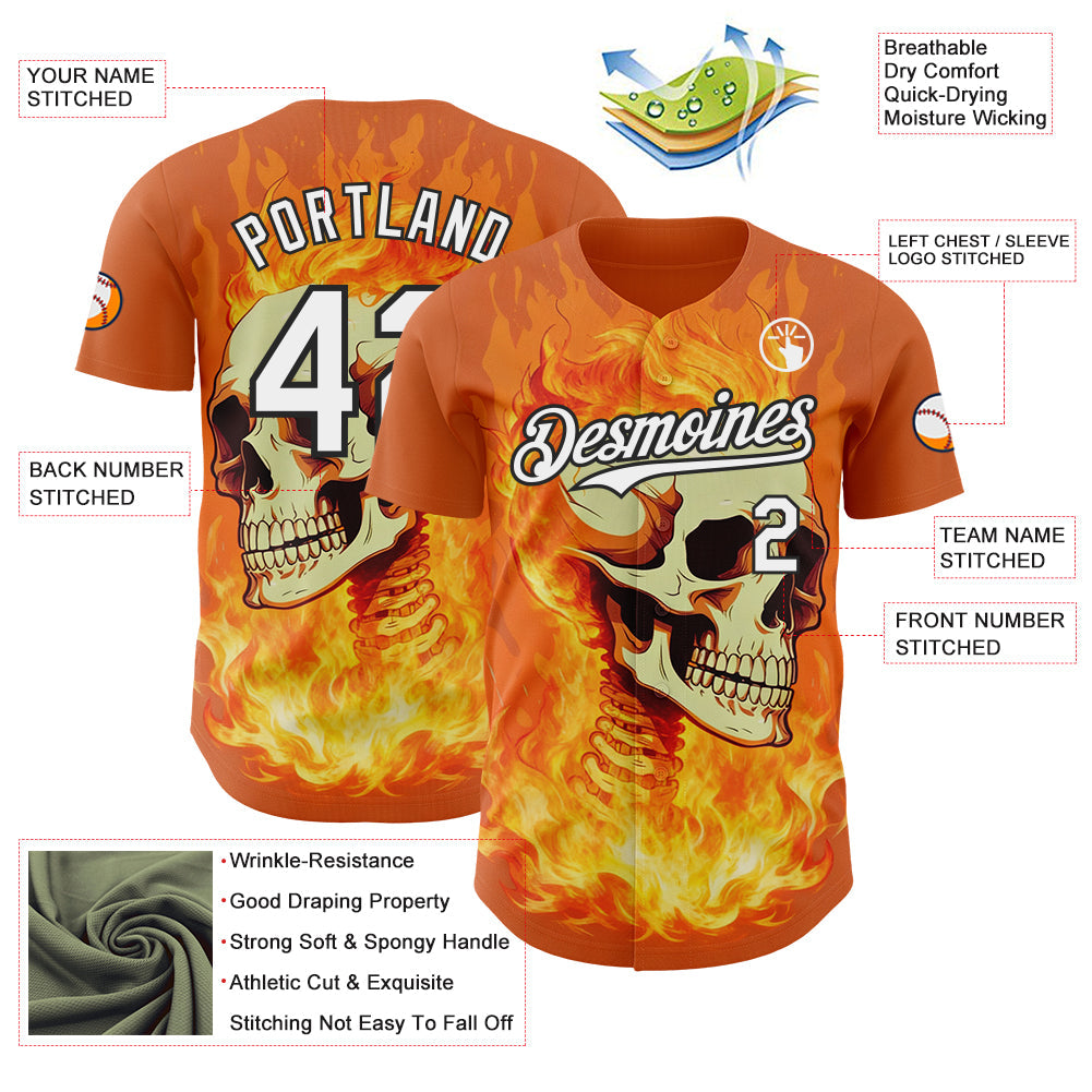 Custom Orange White-Black Flames Skull Authentic Baseball Jersey