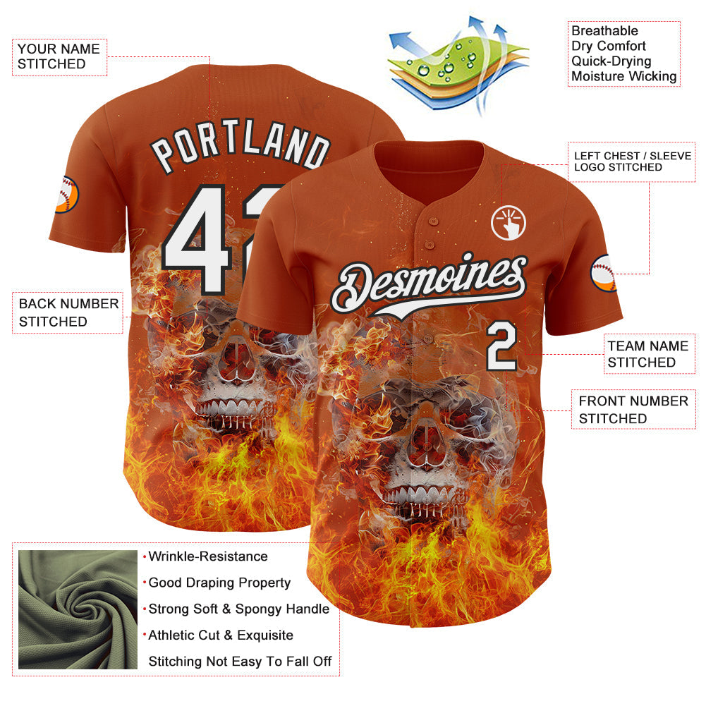 Custom Texas Orange White-Black Flames Skull Authentic Baseball Jersey