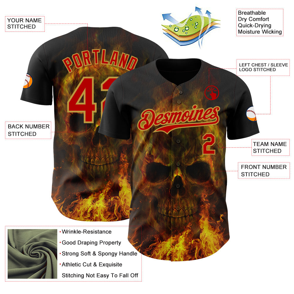 Custom Black Red-Old Gold Flames Skull Authentic Baseball Jersey