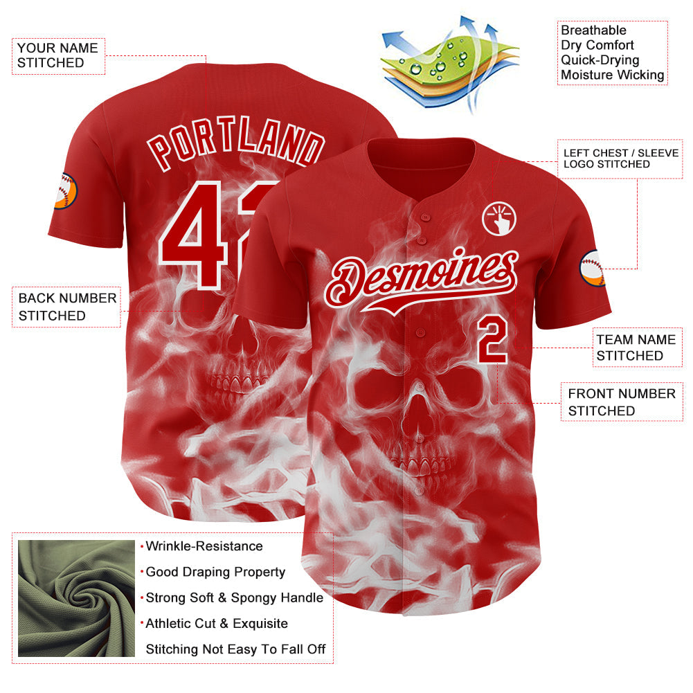Custom Red-White Flames Skull Smoke Authentic Baseball Jersey