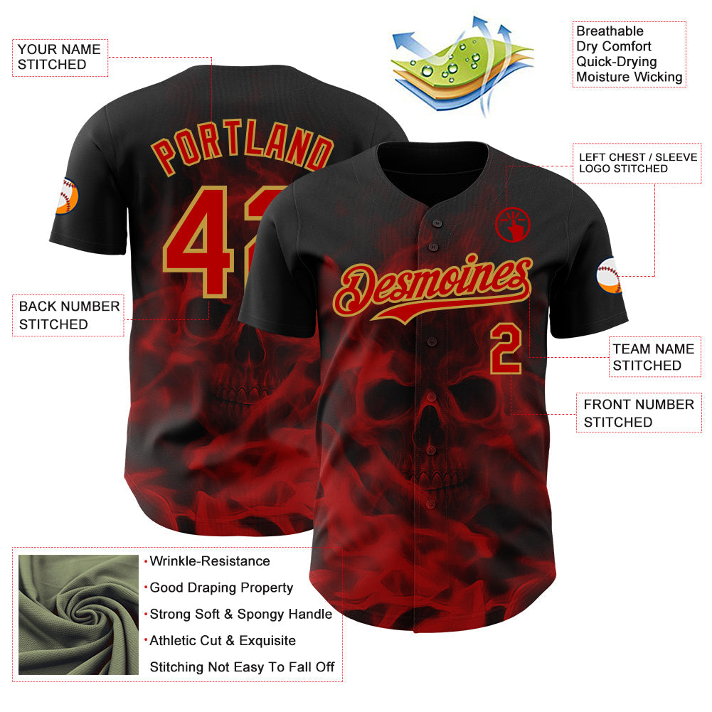 Custom Black Red-Old Gold Flames Skull Smoke Authentic Baseball Jersey