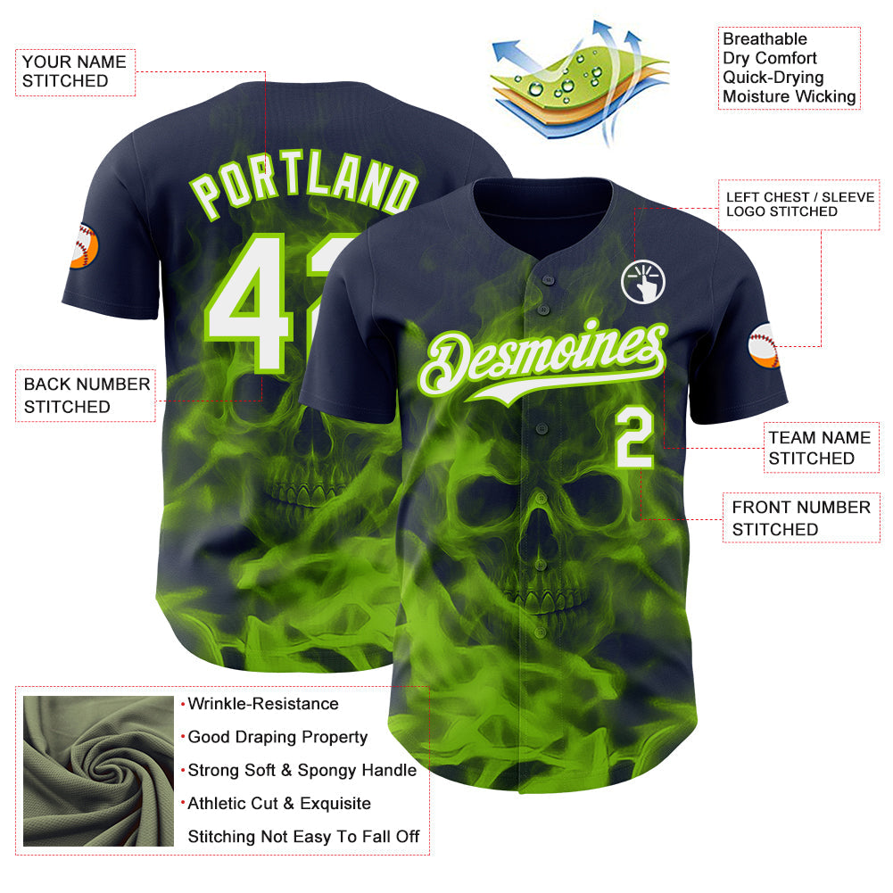 Custom Navy White-Neon Green Flames Skull Smoke Authentic Baseball Jersey