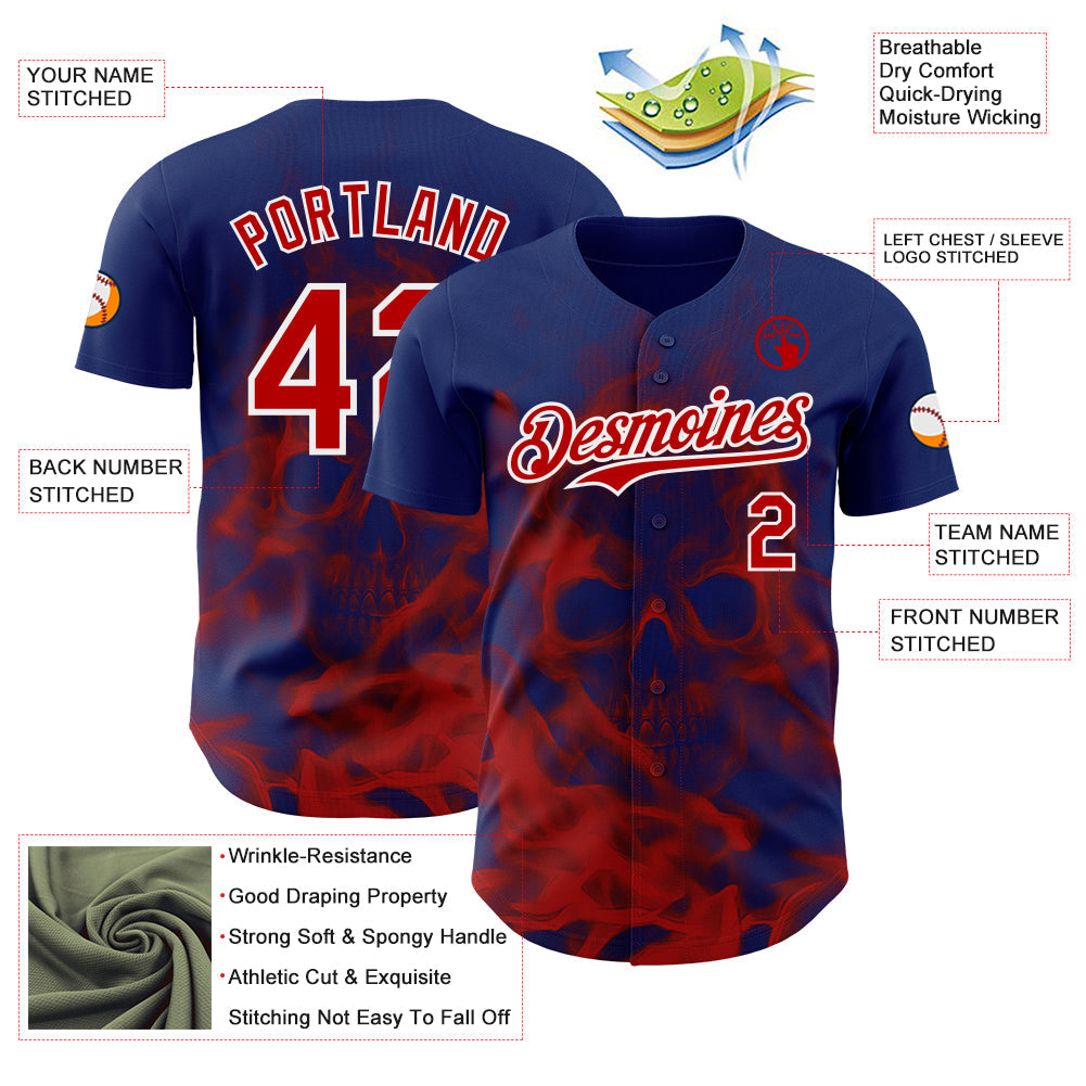 Custom Royal Red-White Flames Skull Smoke Authentic Baseball Jersey