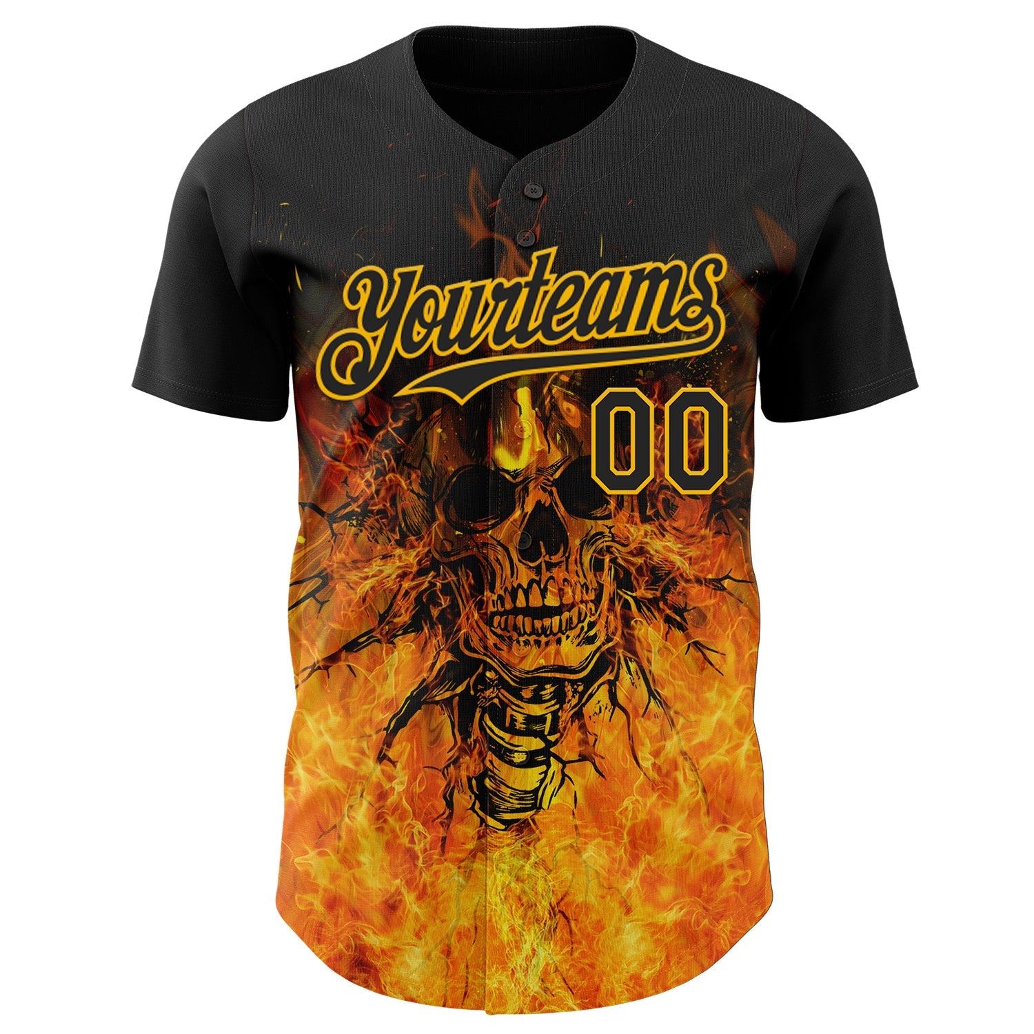 Custom Black-Gold Flames Skull Authentic Baseball Jersey