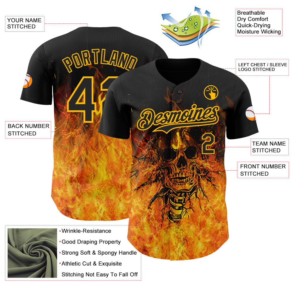 Custom Black-Gold Flames Skull Authentic Baseball Jersey