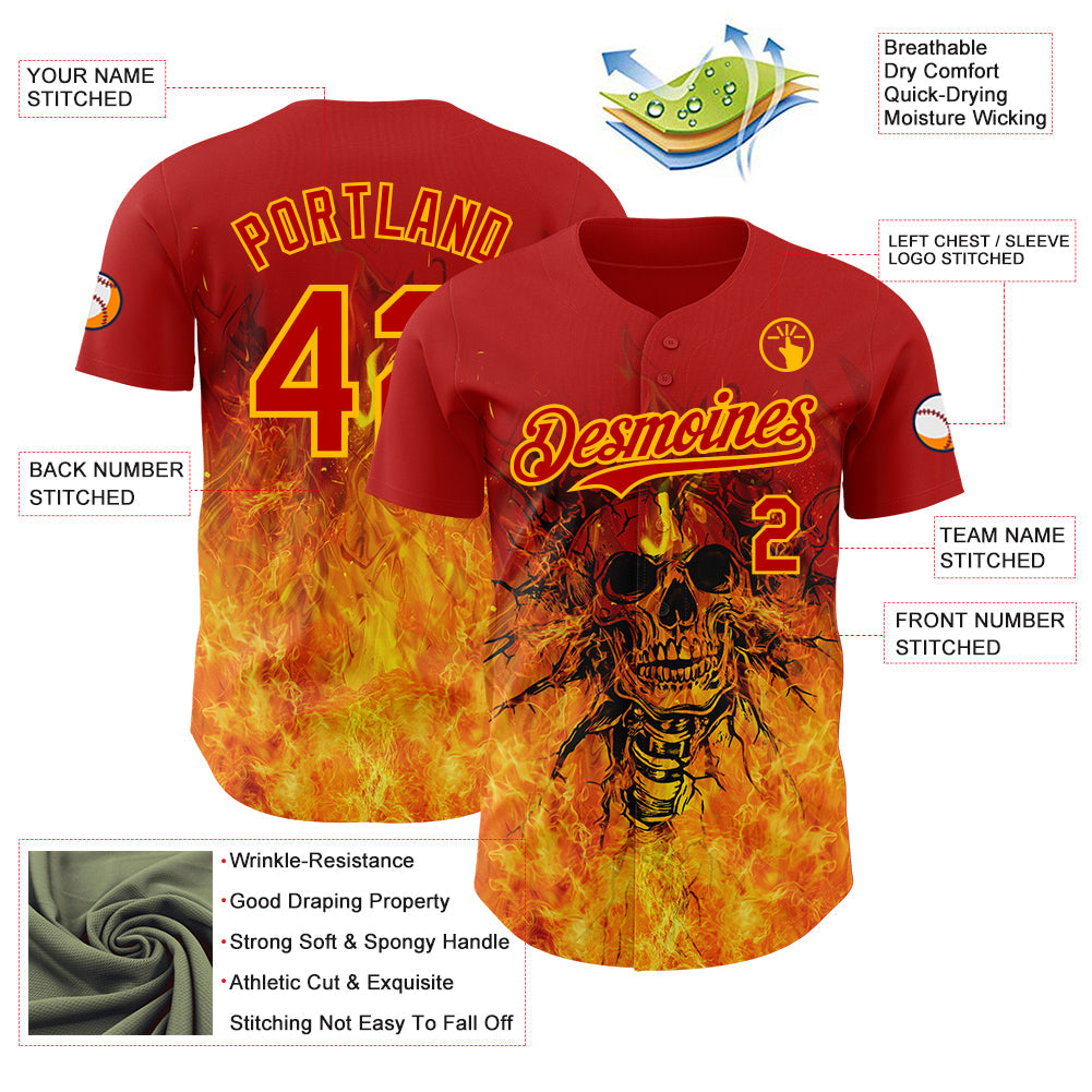Custom Red-Gold Flames Skull Authentic Baseball Jersey