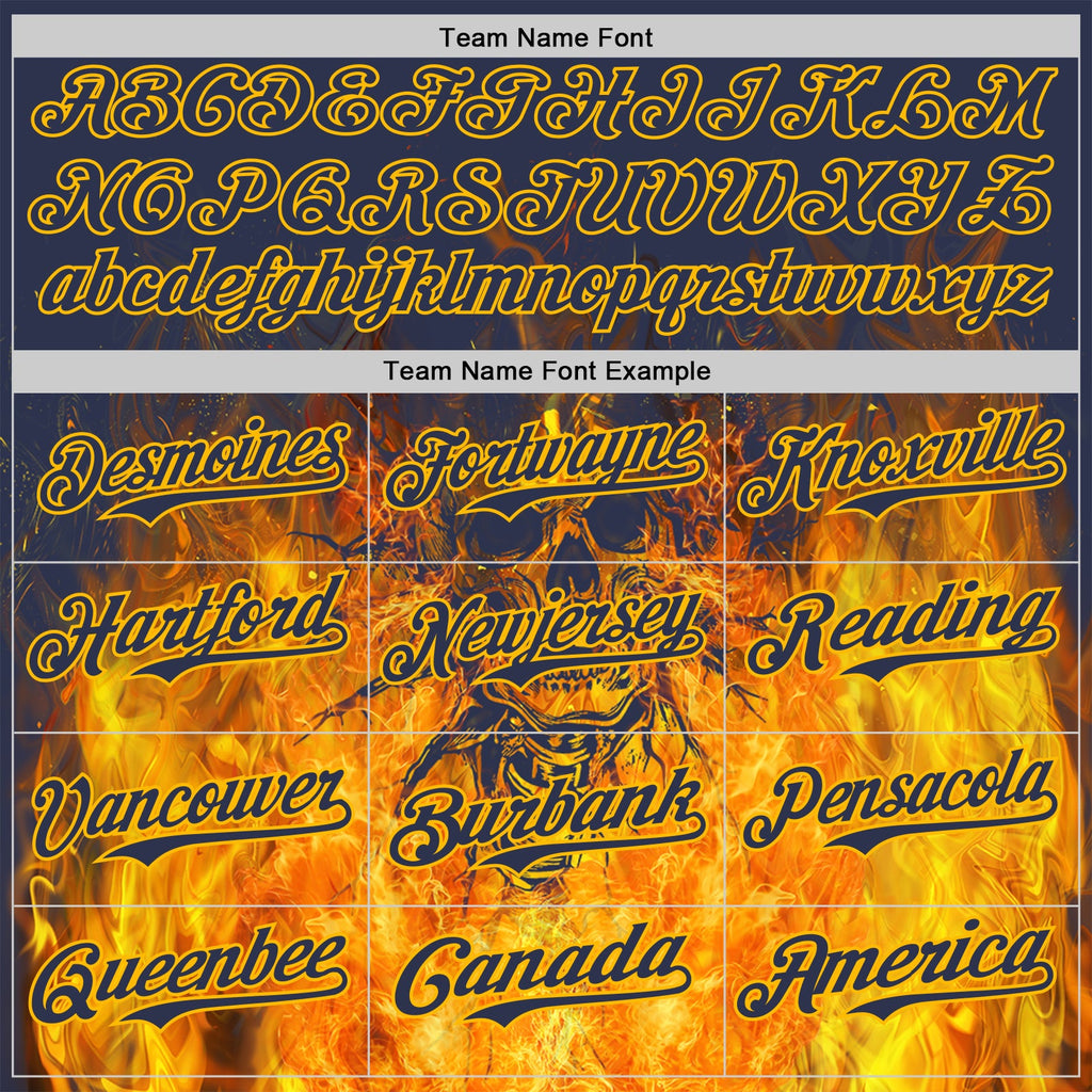 Custom Navy-Gold Flames Skull Authentic Baseball Jersey