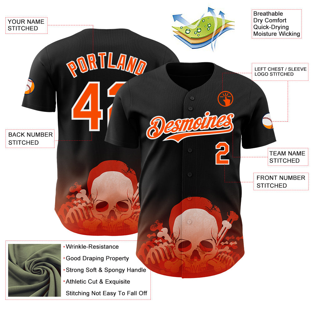 Custom Black Orange-White Skull Authentic Baseball Jersey
