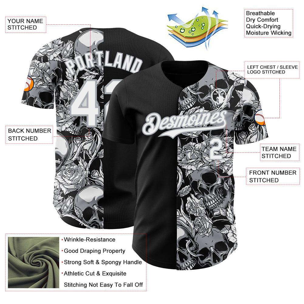 Custom Black White-Gray Skull And Rose Authentic Baseball Jersey