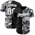 Custom Black White-Gray Skull And Rose Authentic Baseball Jersey