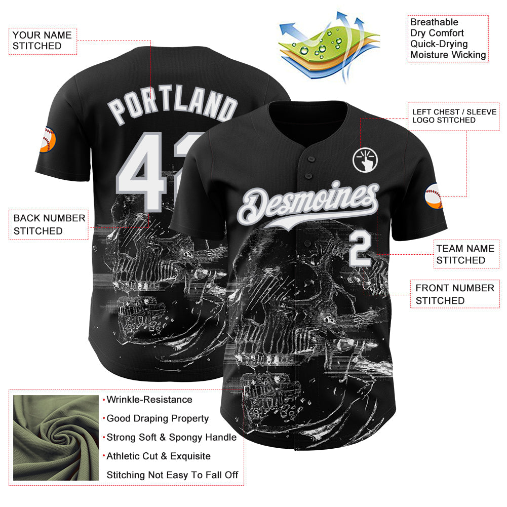 Custom Black White-Gray Skull Authentic Baseball Jersey