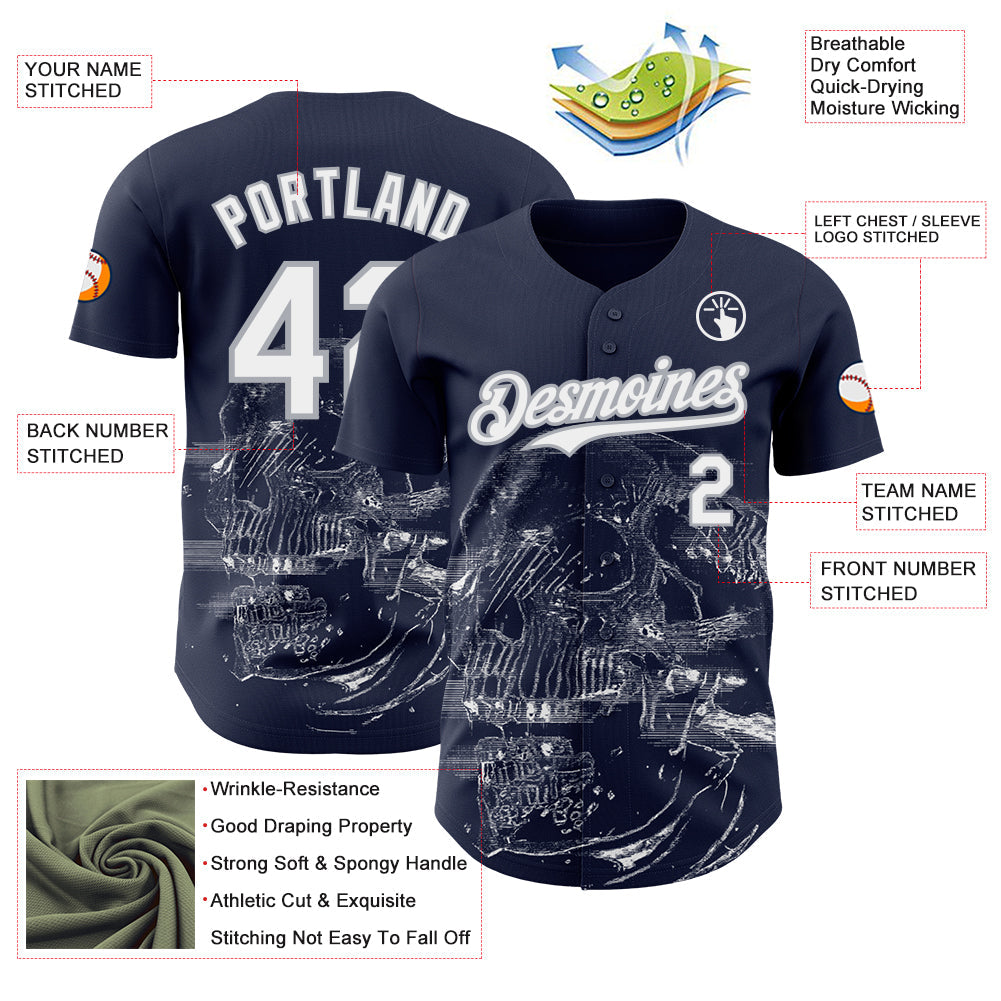Custom Navy White-Gray Skull Authentic Baseball Jersey