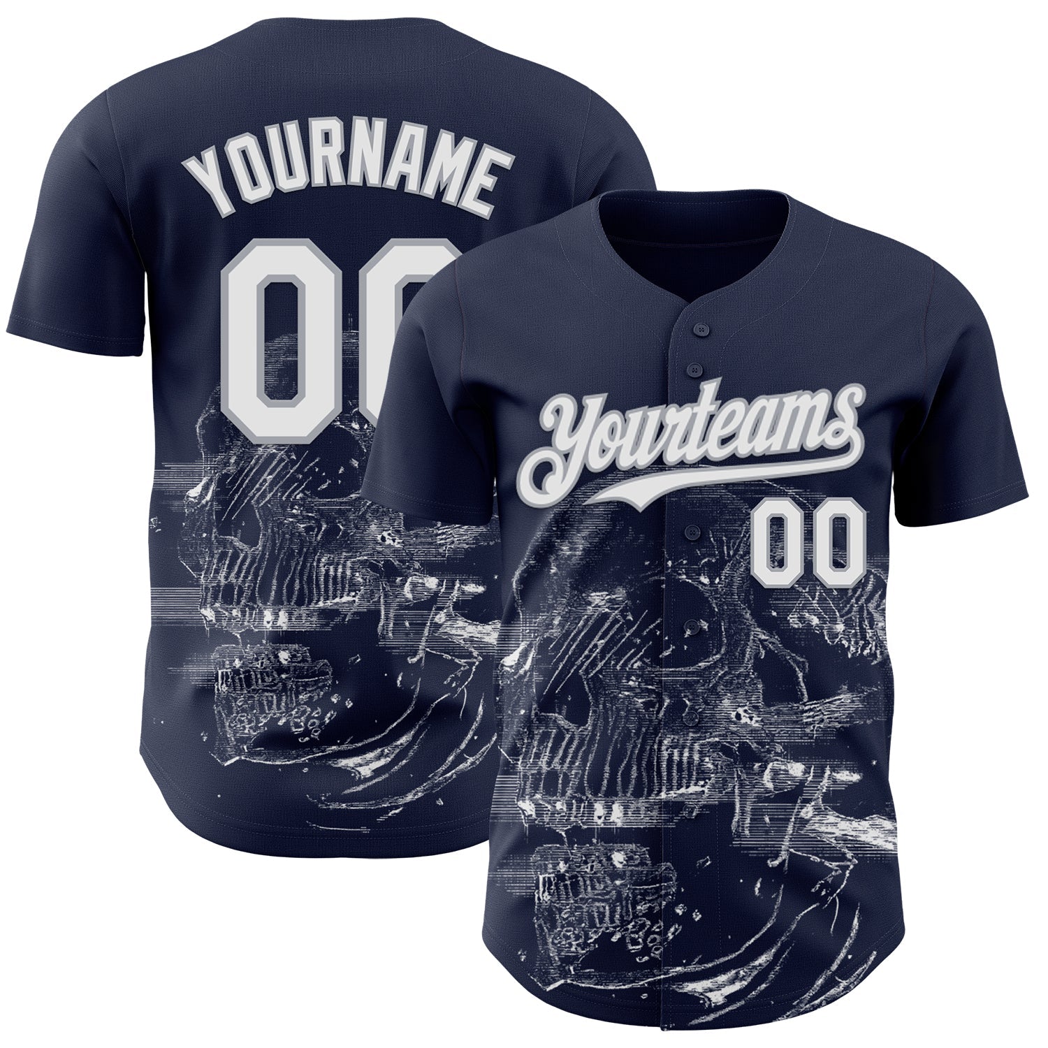 Custom Navy White-Gray Skull Authentic Baseball Jersey