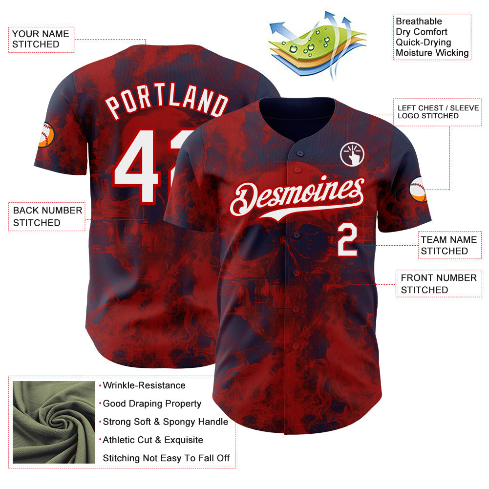 Custom Navy White-Red Flames Skull Authentic Baseball Jersey
