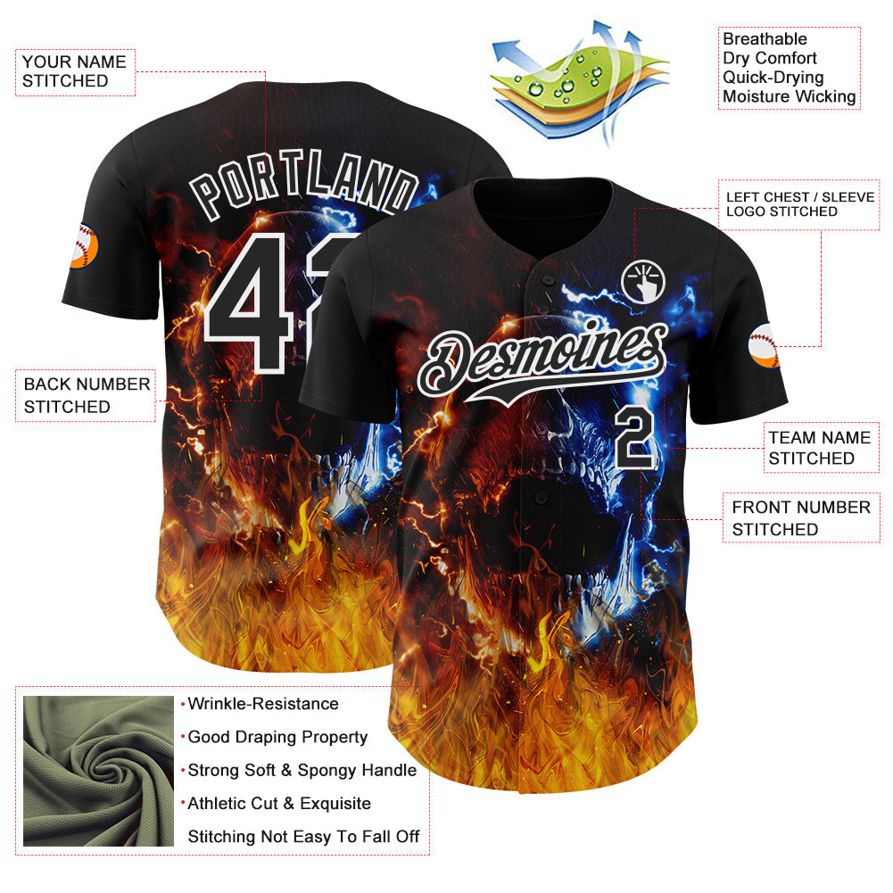 Custom Black-White Flames Skull Authentic Baseball Jersey
