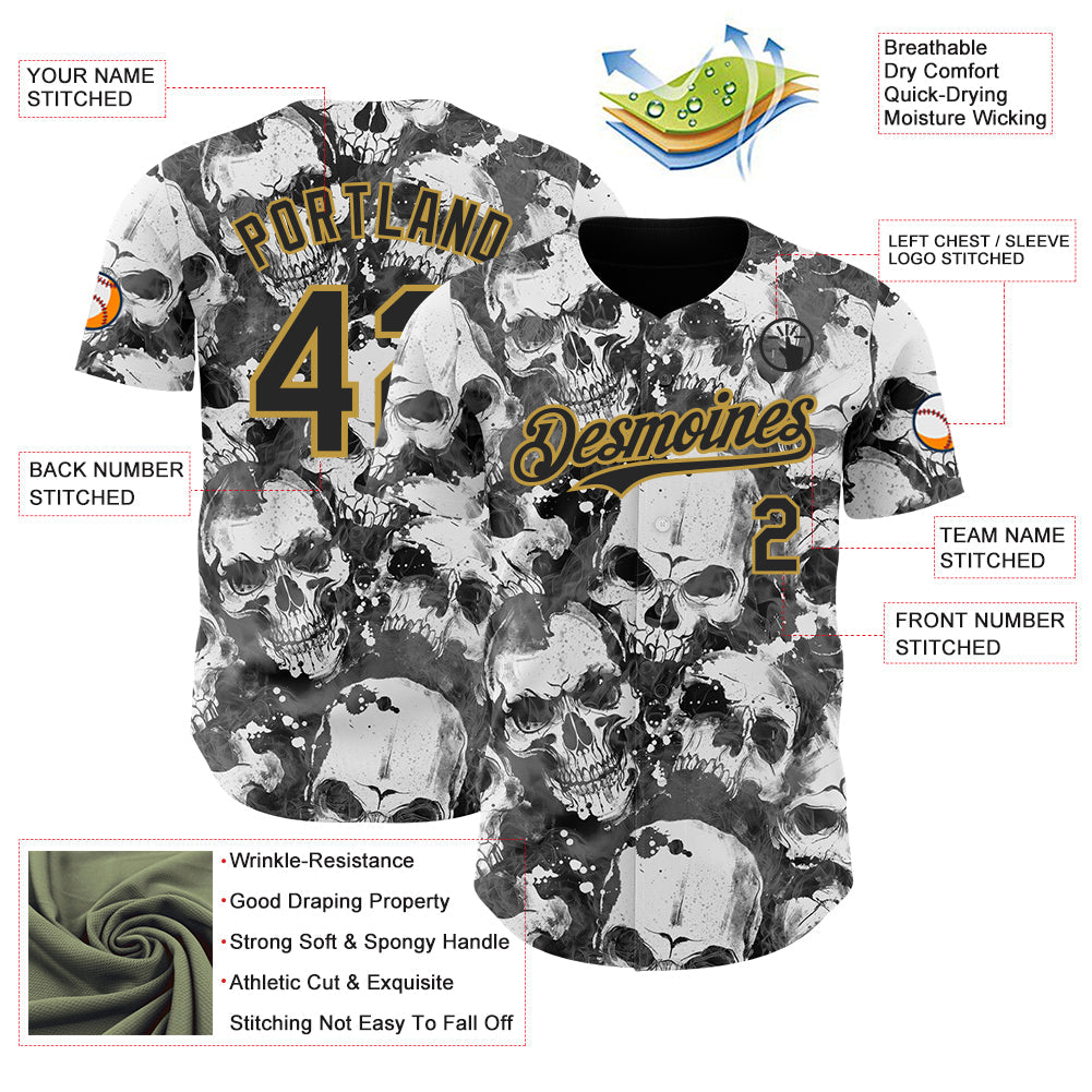 Custom Gray Black-Old Gold Flames Skull Smoke Authentic Baseball Jersey