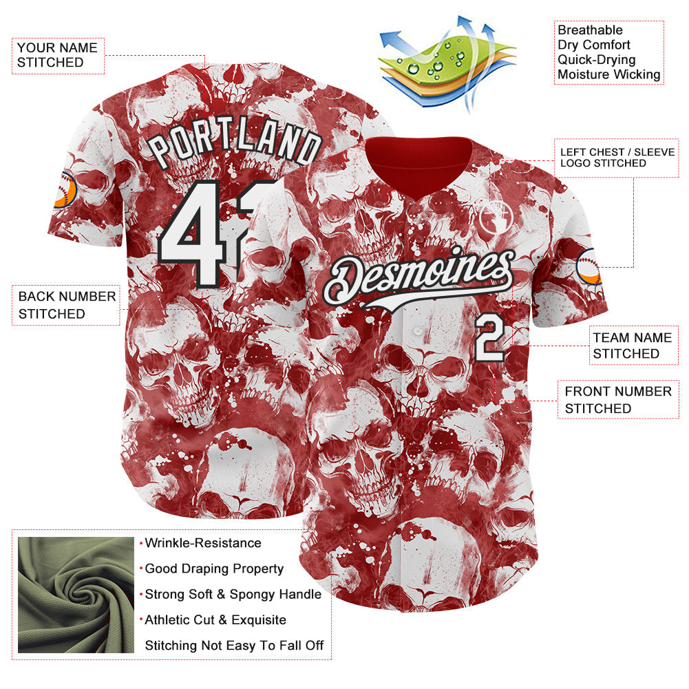 Custom Red White-Black Flames Skull Smoke Authentic Baseball Jersey