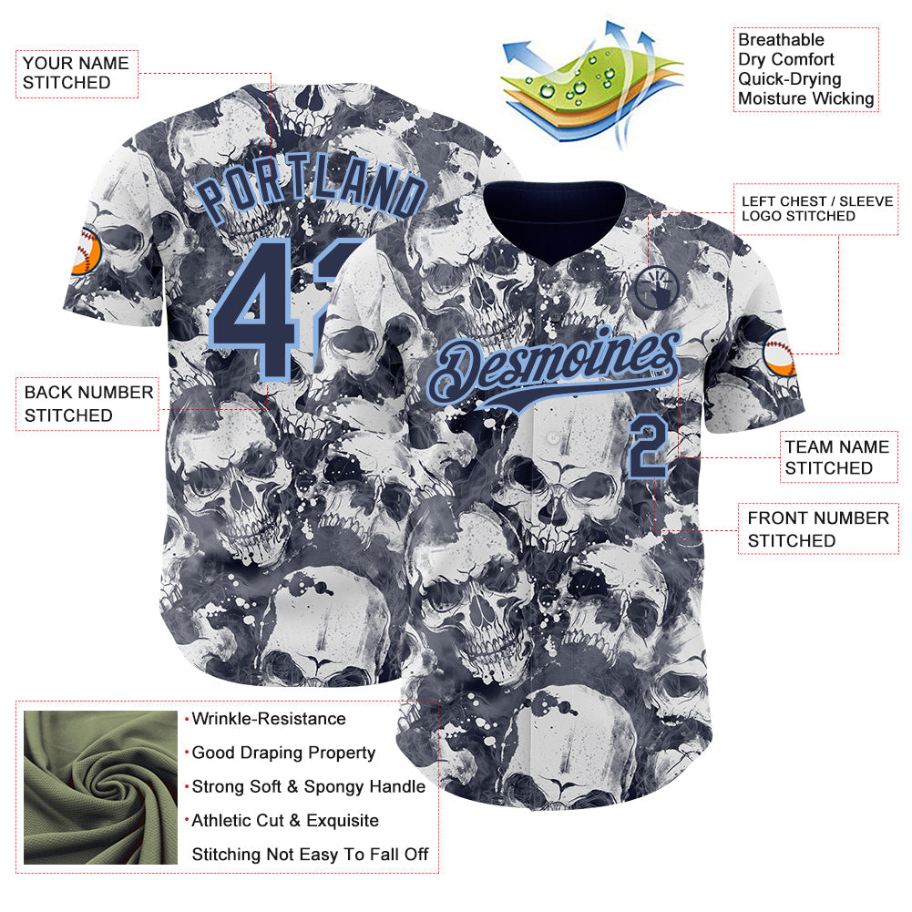 Custom Gray Navy-Light Blue Flames Skull Smoke Authentic Baseball Jersey