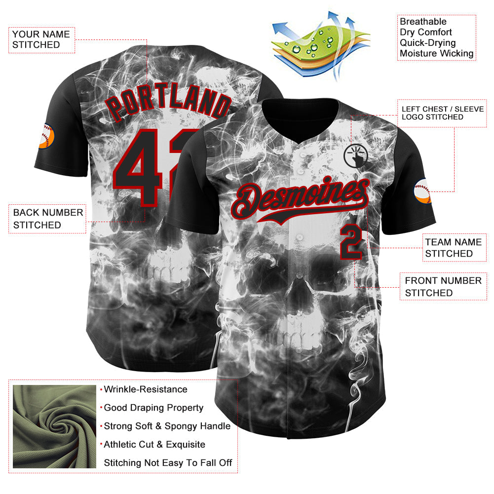 Custom Black White-Red Flames Skull Smoke Authentic Baseball Jersey