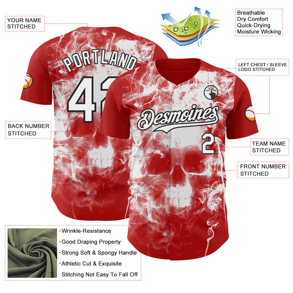Custom Red White-Black Flames Skull Smoke Authentic Baseball Jersey