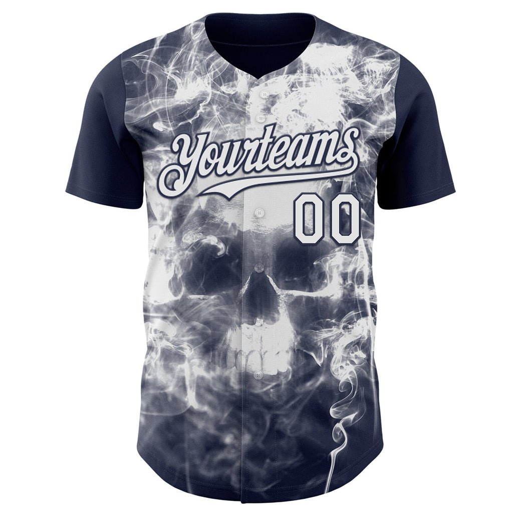 Custom Navy-White Flames Skull Smoke Authentic Baseball Jersey