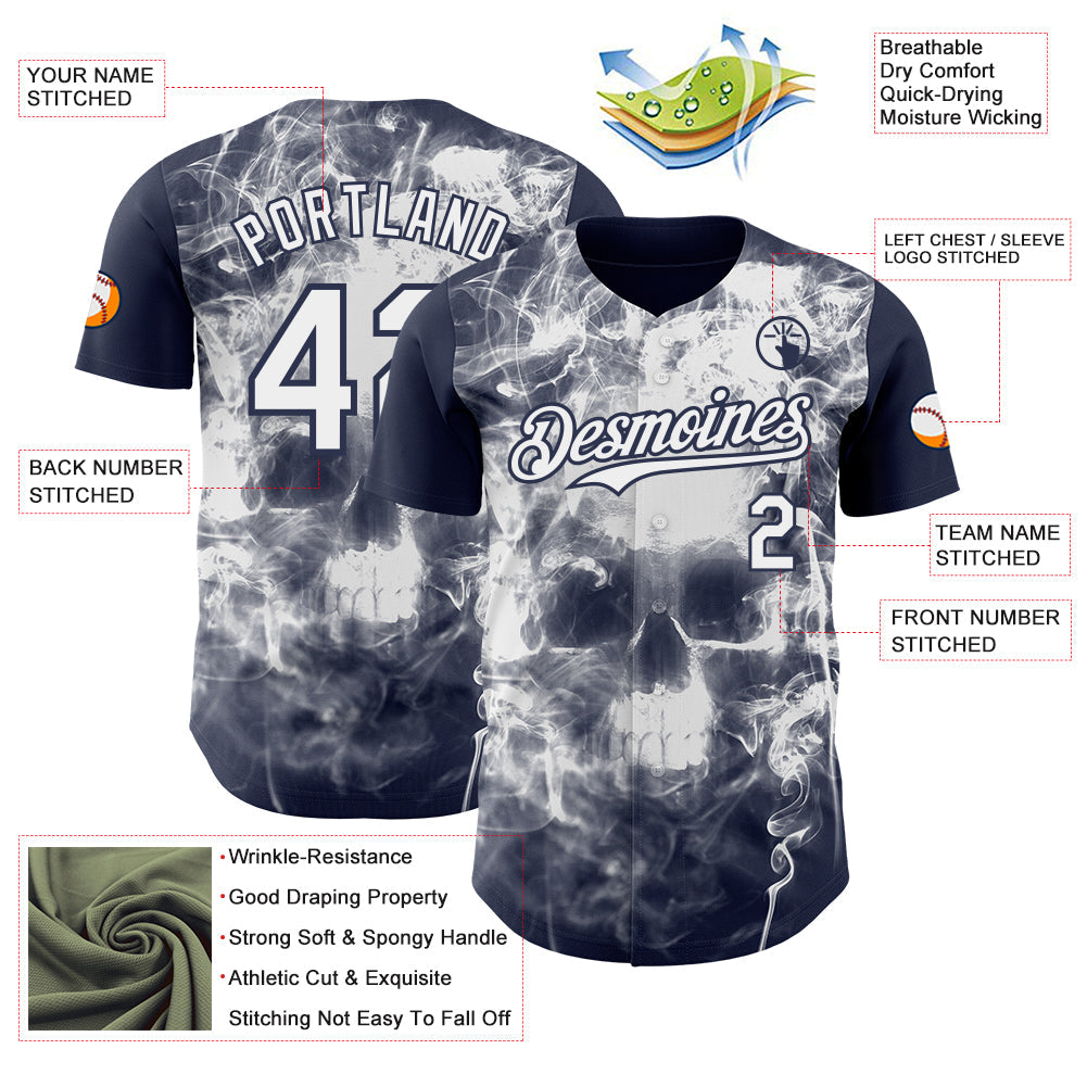 Custom Navy-White Flames Skull Smoke Authentic Baseball Jersey