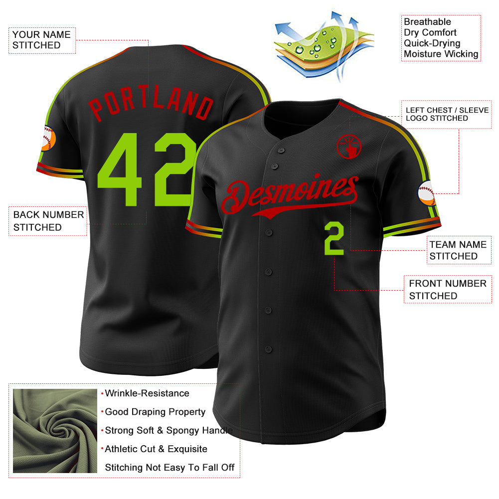 Custom Black Neon Green-Red Raglan Line Gradient Stripe Authentic Baseball Jersey