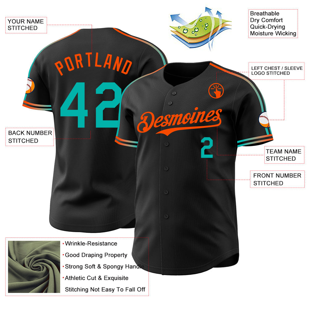 Custom Black Aqua-Orange Raglan Line Gradient Stripe Authentic Baseball Jersey