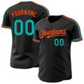 Custom Black Aqua-Orange Raglan Line Gradient Stripe Authentic Baseball Jersey