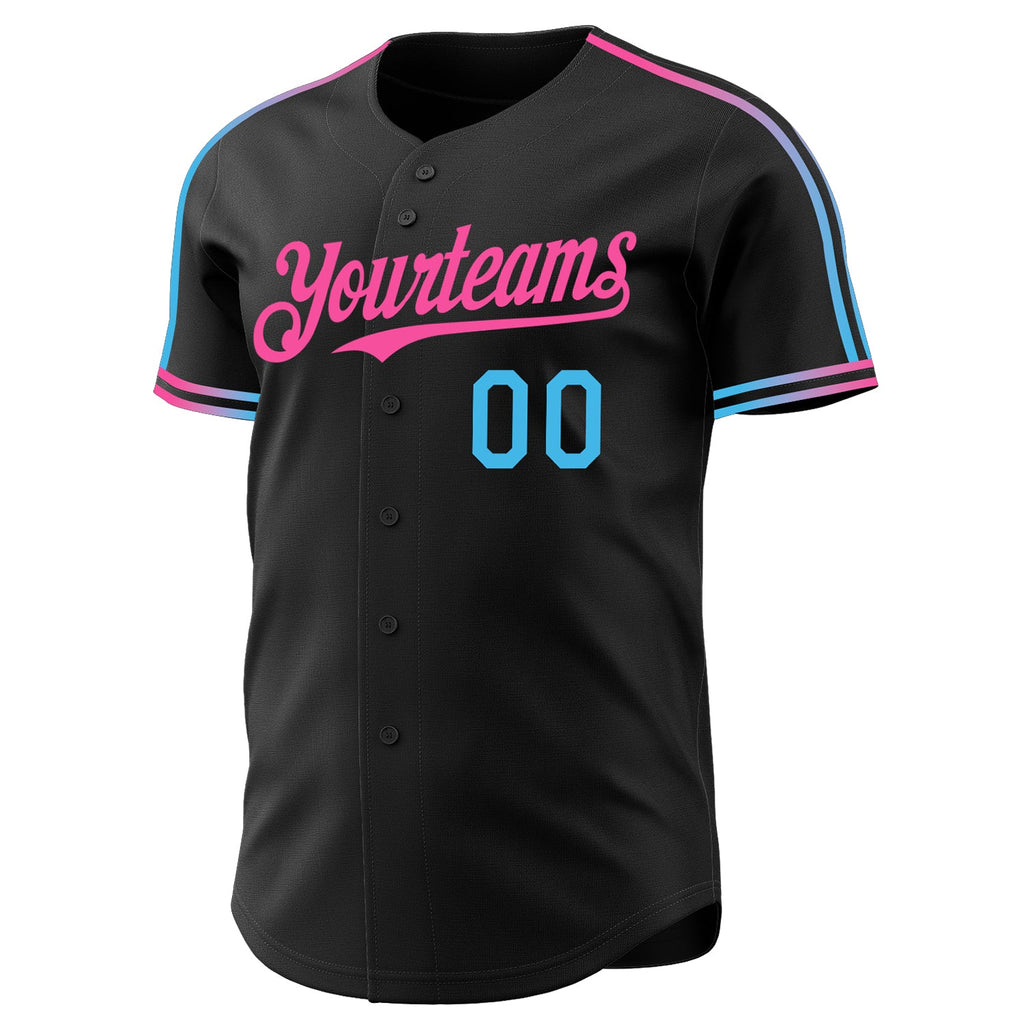Custom Black Sky Blue-Pink Raglan Line Gradient Stripe Authentic Baseball Jersey