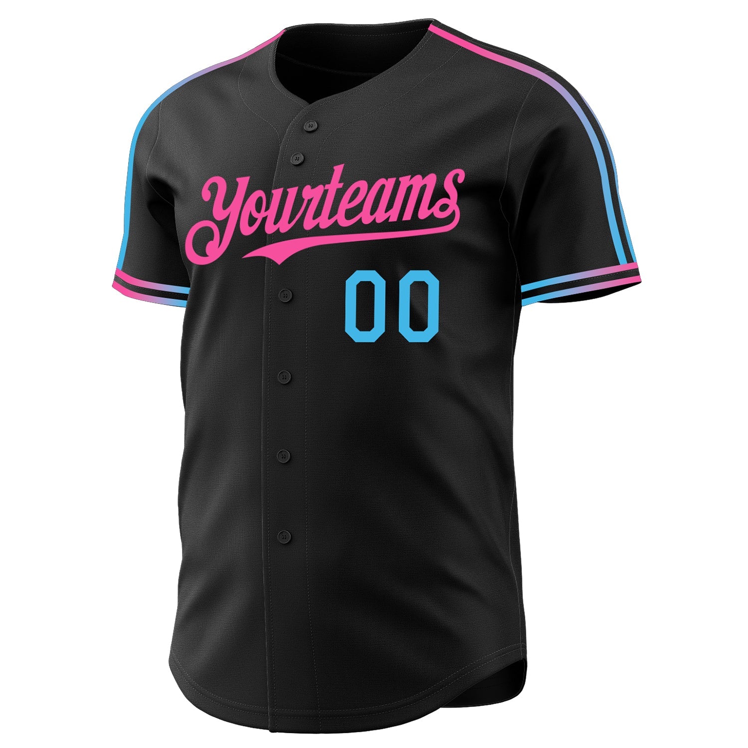 Custom Black Sky Blue-Pink Raglan Line Gradient Stripe Authentic Baseball Jersey