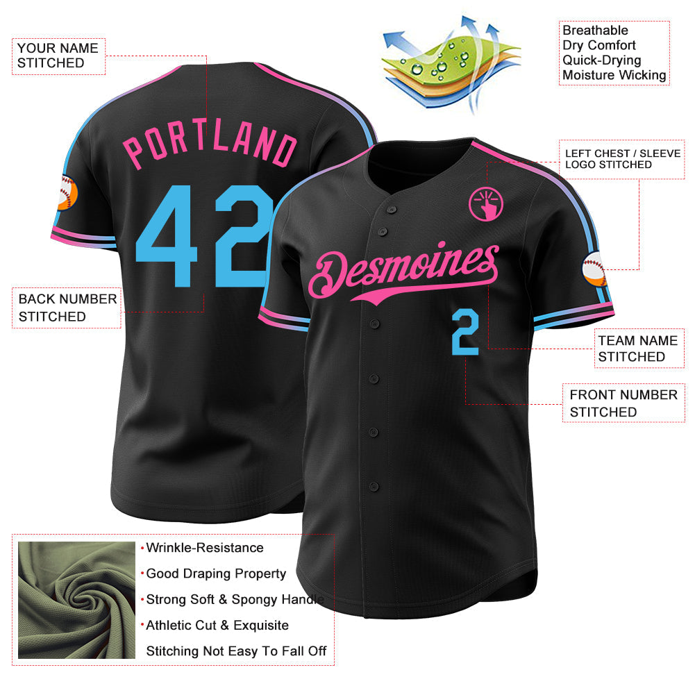 Custom Black Sky Blue-Pink Raglan Line Gradient Stripe Authentic Baseball Jersey