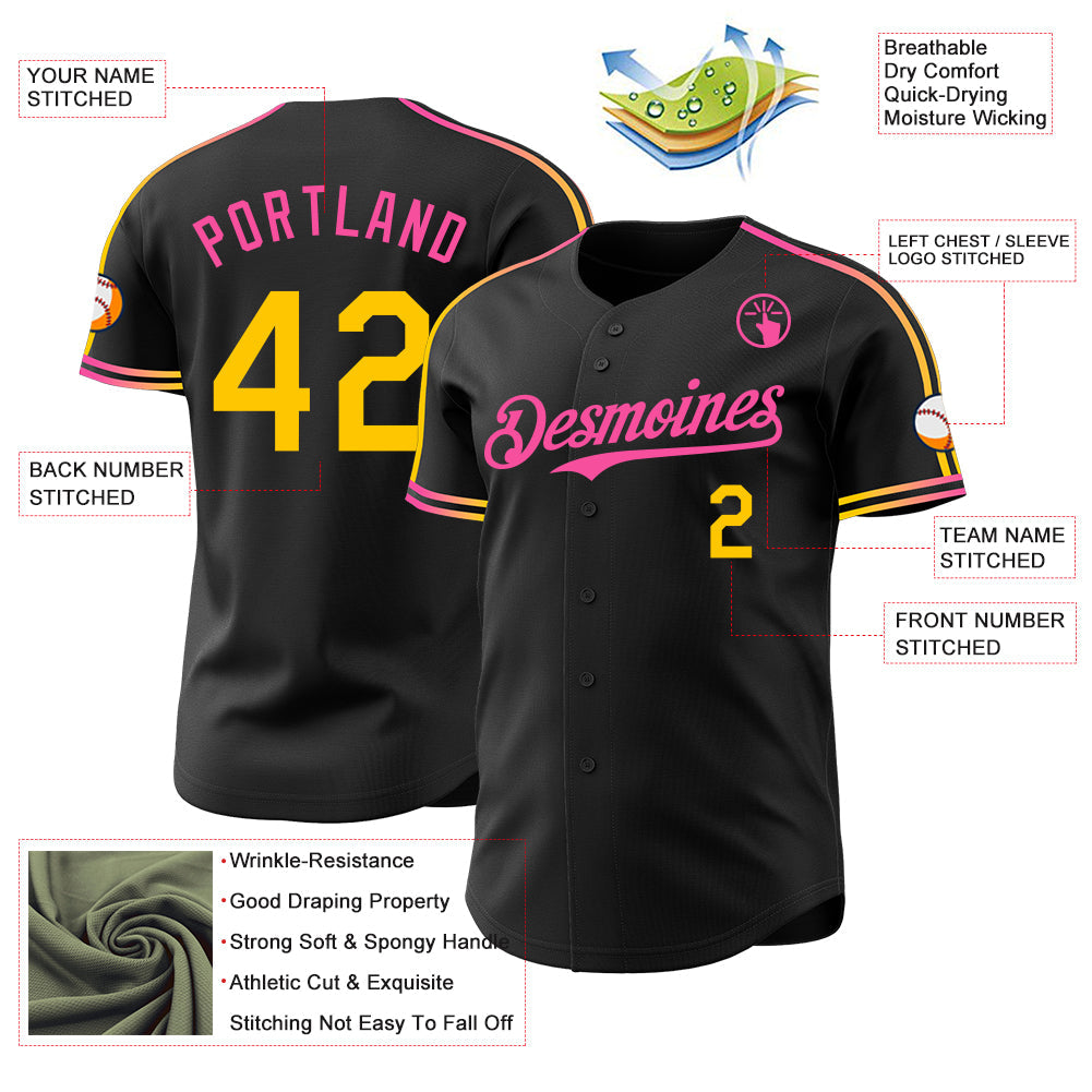Custom Black Yellow-Pink Raglan Line Gradient Stripe Authentic Baseball Jersey