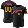 Custom Black Yellow-Pink Raglan Line Gradient Stripe Authentic Baseball Jersey