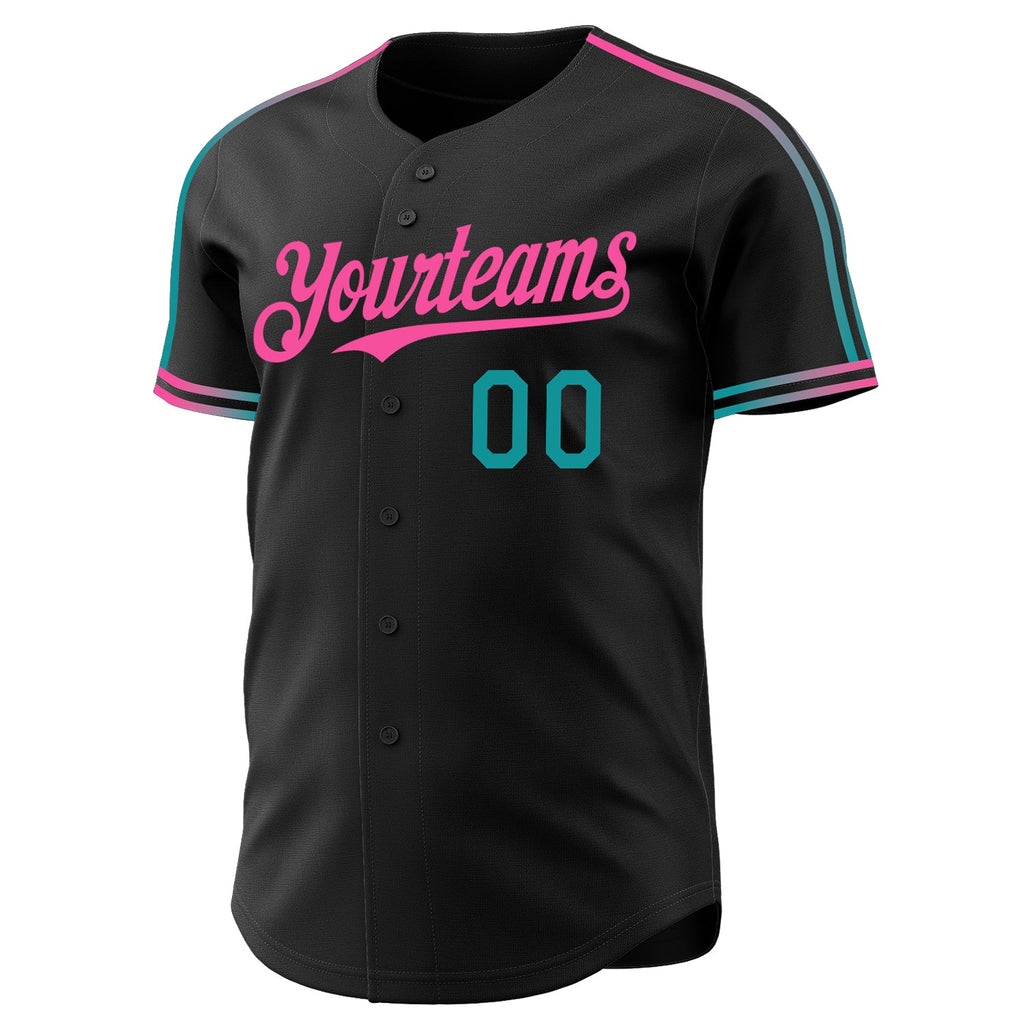Custom Black Teal-Pink Raglan Line Gradient Stripe Authentic Baseball Jersey