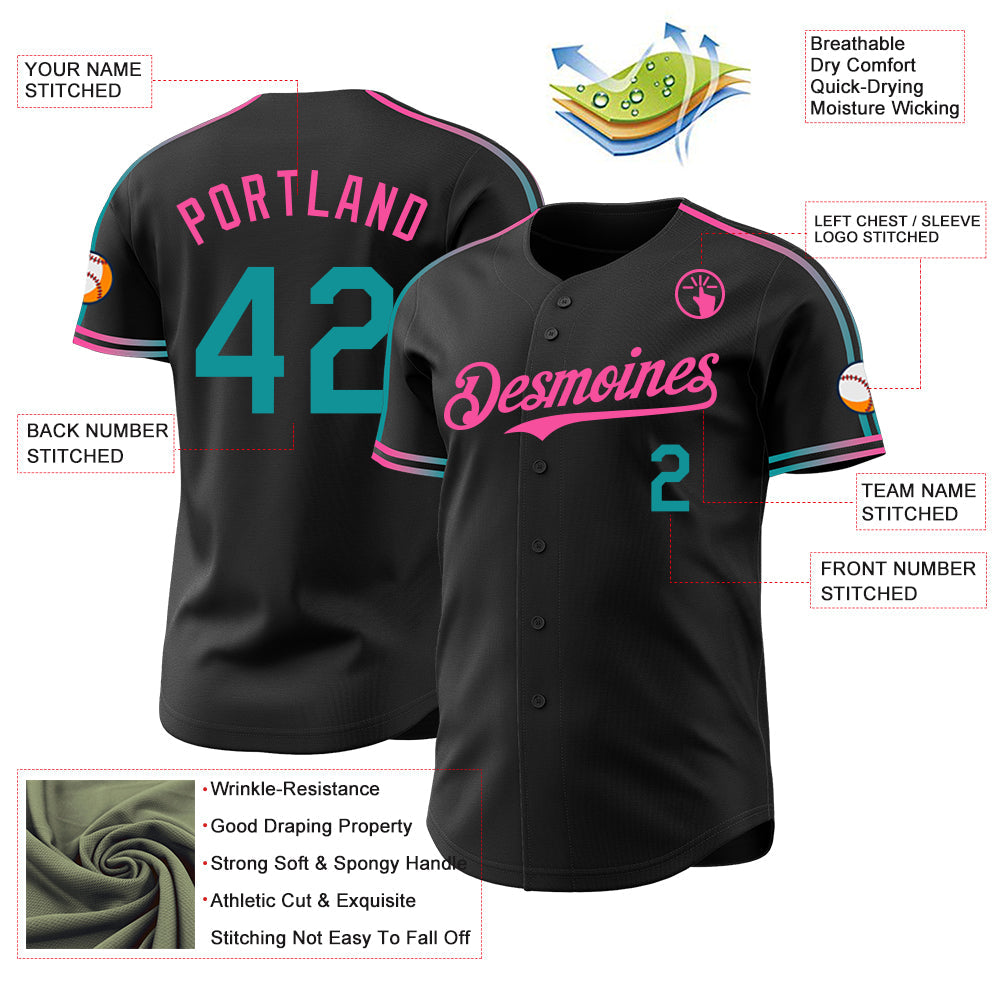 Custom Black Teal-Pink Raglan Line Gradient Stripe Authentic Baseball Jersey