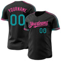 Custom Black Teal-Pink Raglan Line Gradient Stripe Authentic Baseball Jersey