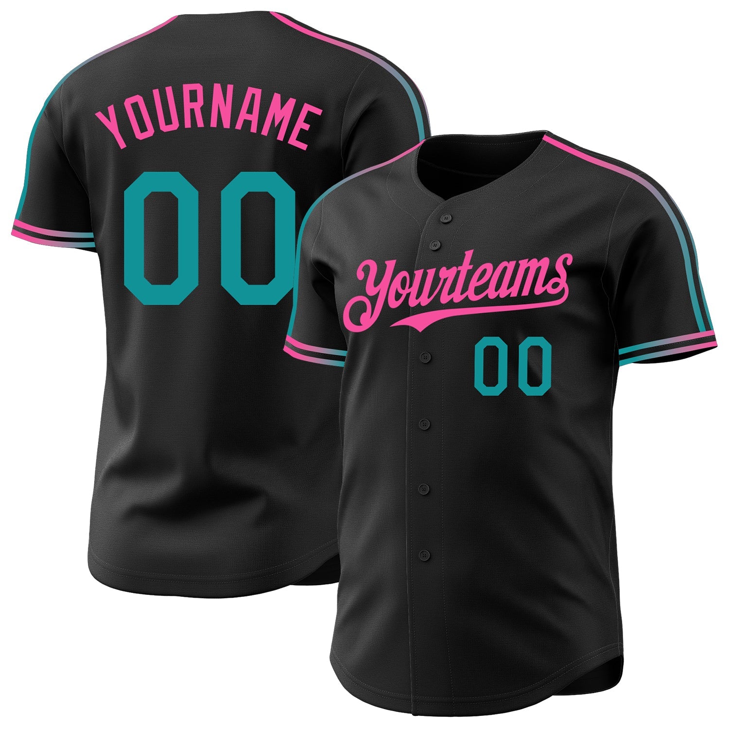 Custom Black Teal-Pink Raglan Line Gradient Stripe Authentic Baseball Jersey