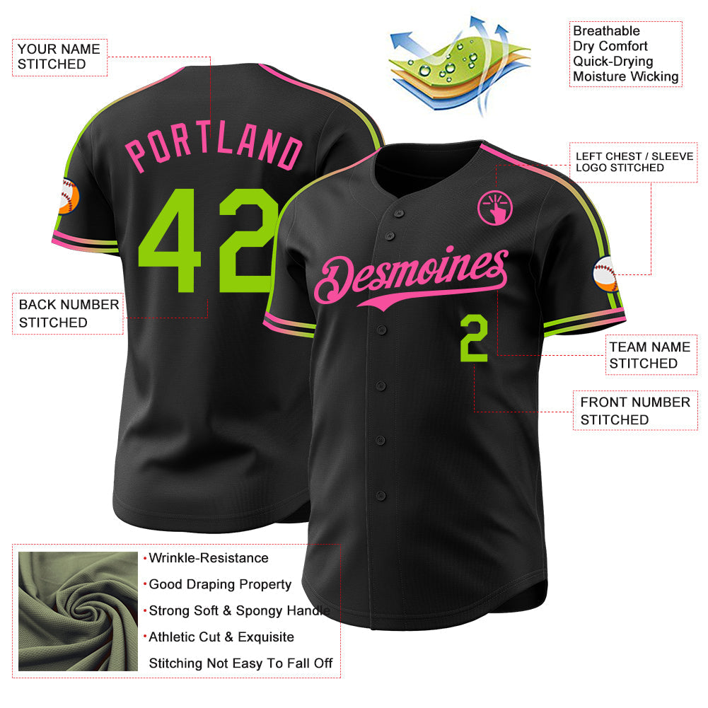 Custom Black Neon Green-Pink Raglan Line Gradient Stripe Authentic Baseball Jersey