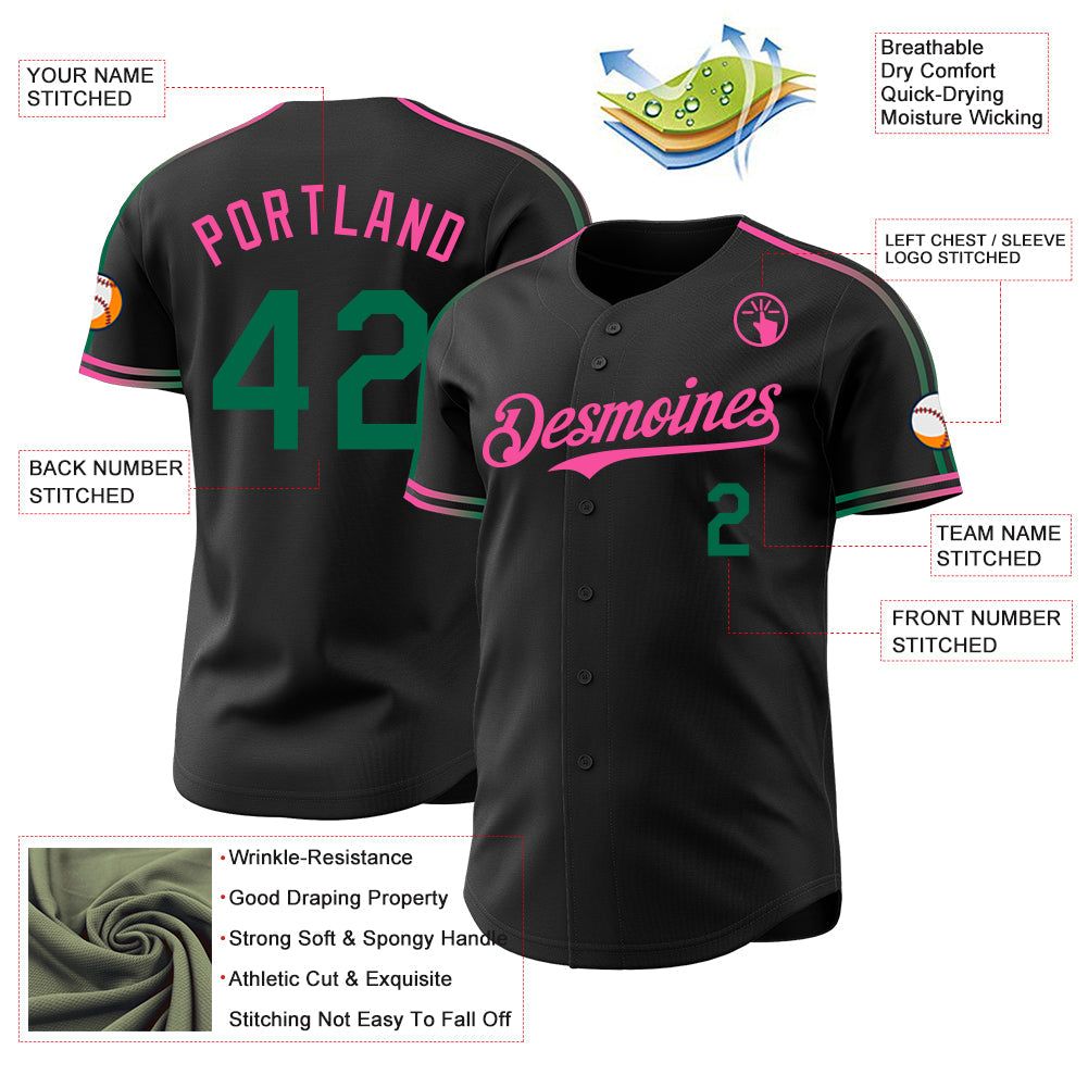 Custom Black Kelly Green-Pink Raglan Line Gradient Stripe Authentic Baseball Jersey