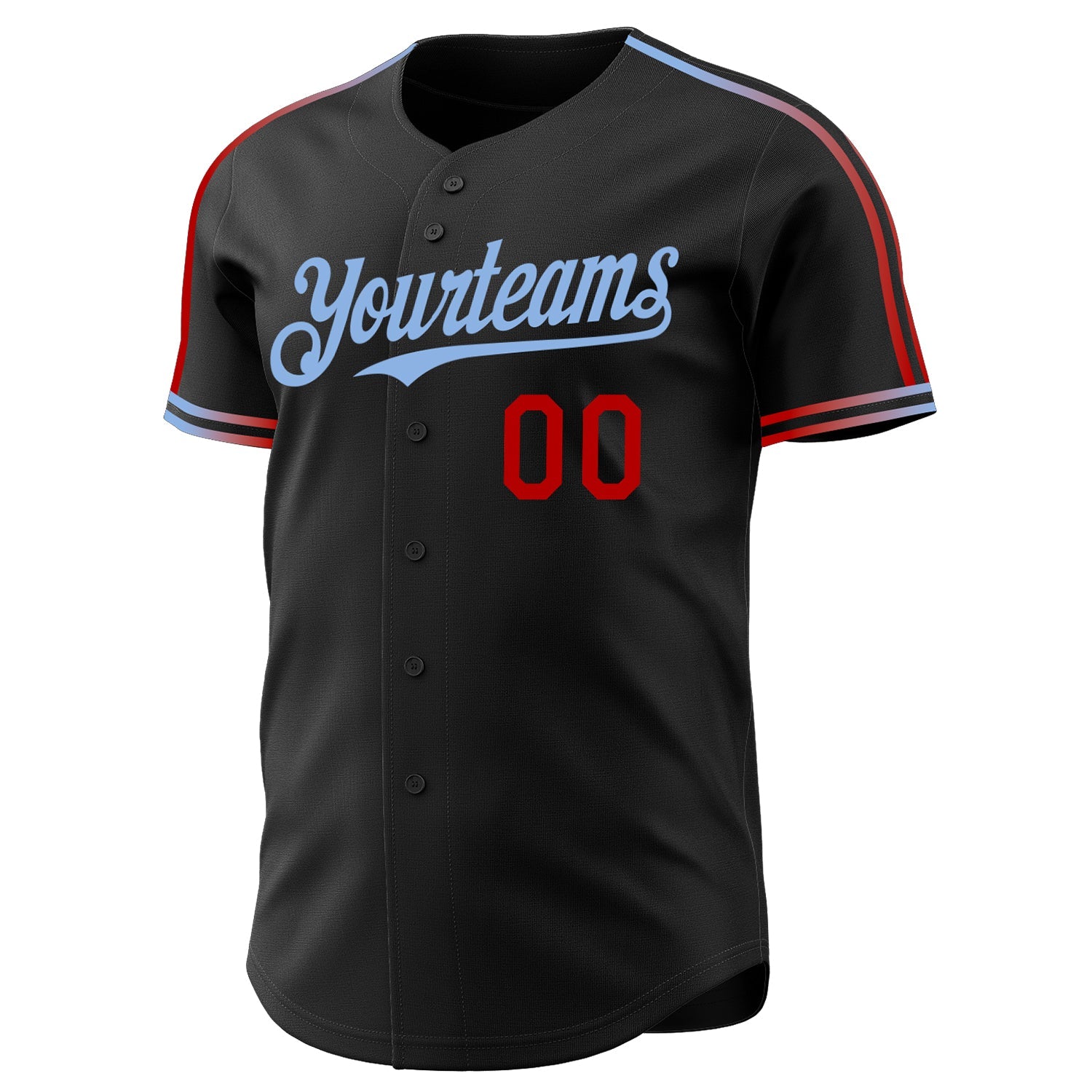 Custom Black Red-Light Blue Raglan Line Gradient Stripe Authentic Baseball Jersey