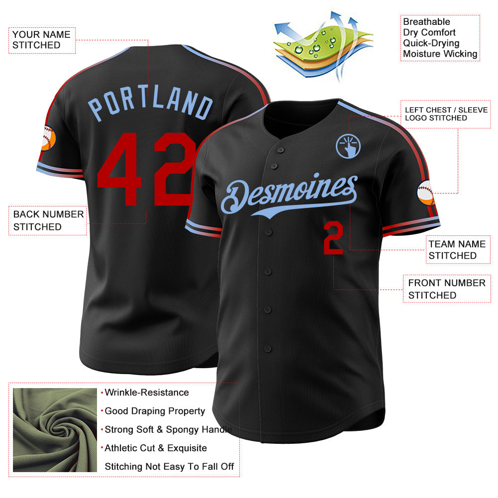 Custom Black Red-Light Blue Raglan Line Gradient Stripe Authentic Baseball Jersey