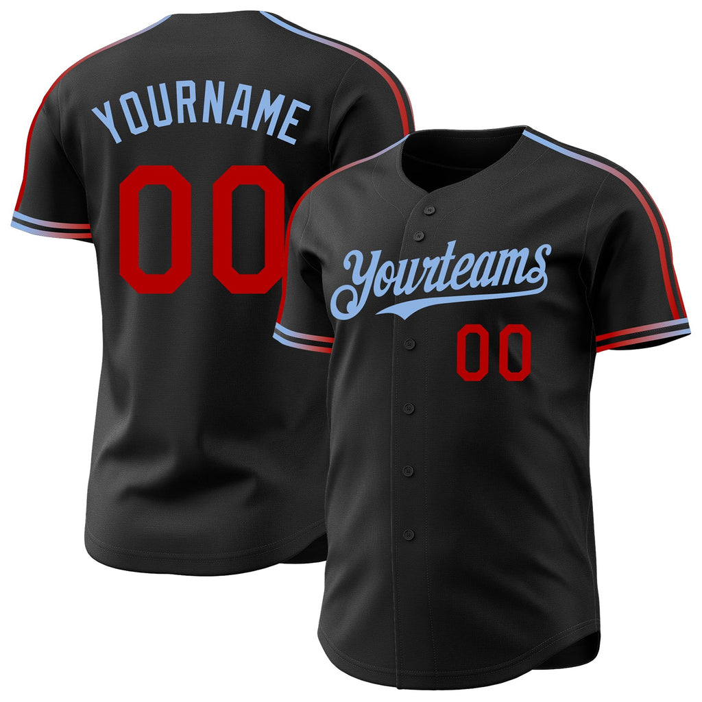 Custom Black Red-Light Blue Raglan Line Gradient Stripe Authentic Baseball Jersey