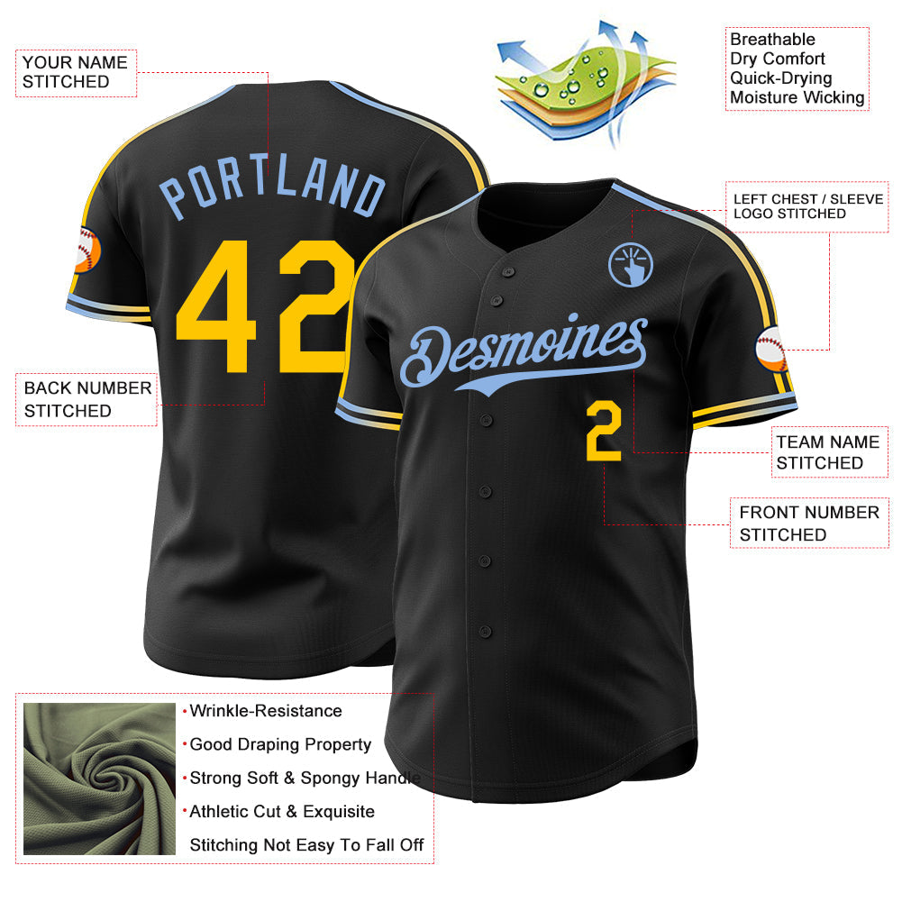 Custom Black Yellow-Light Blue Raglan Line Gradient Stripe Authentic Baseball Jersey